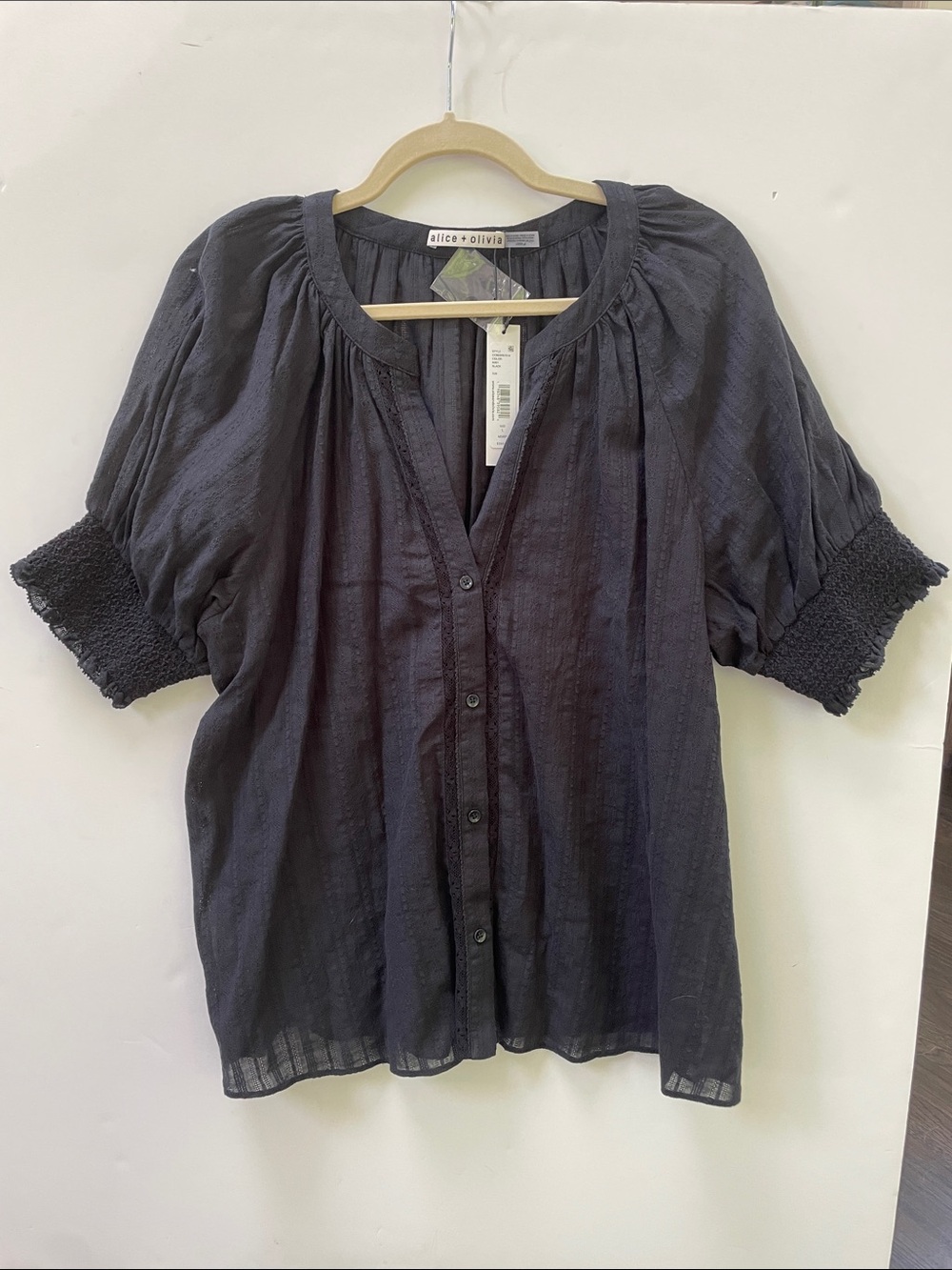 Alice + Olivia Black Puff Sleeve Button-Down Blouse